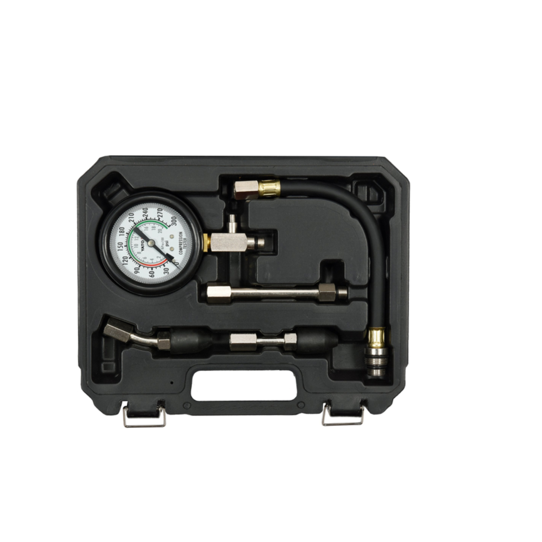Car maintenance tool kit with pressure gauge on a white background