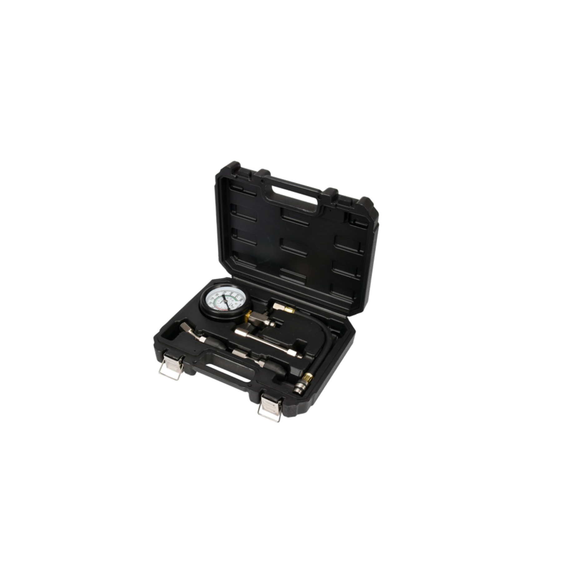 Mechanical pressure gauge set in a black case on a white background