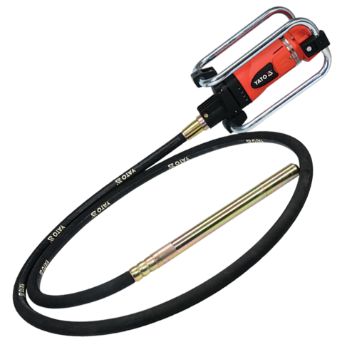 Red and black oil pump with a long black hose on a white background