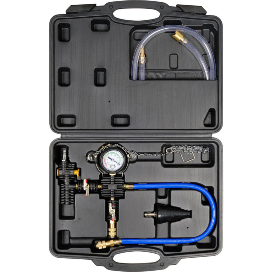 Car fuel injector cleaning kit with hoses and gauge in a black case on a white background