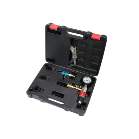 Mechanical testing kit with tools and pressure gauge in a black case on a white background