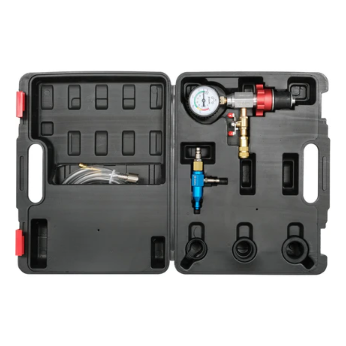 Car fuel system diagnostic tool kit with pressure gauge and hoses in a black carrying case.