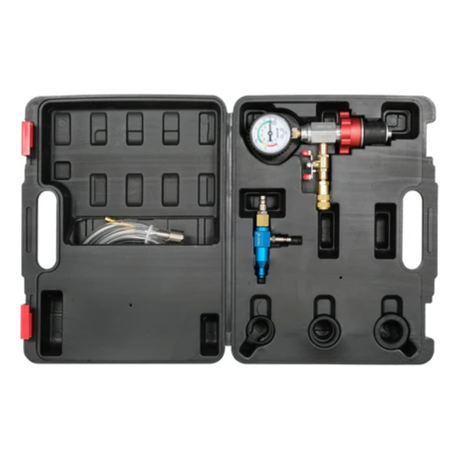 Car fuel system diagnostic tool kit with pressure gauge and hoses in a black carrying case.