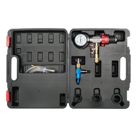 Car fuel system diagnostic tool kit with pressure gauge and hoses in a black carrying case.