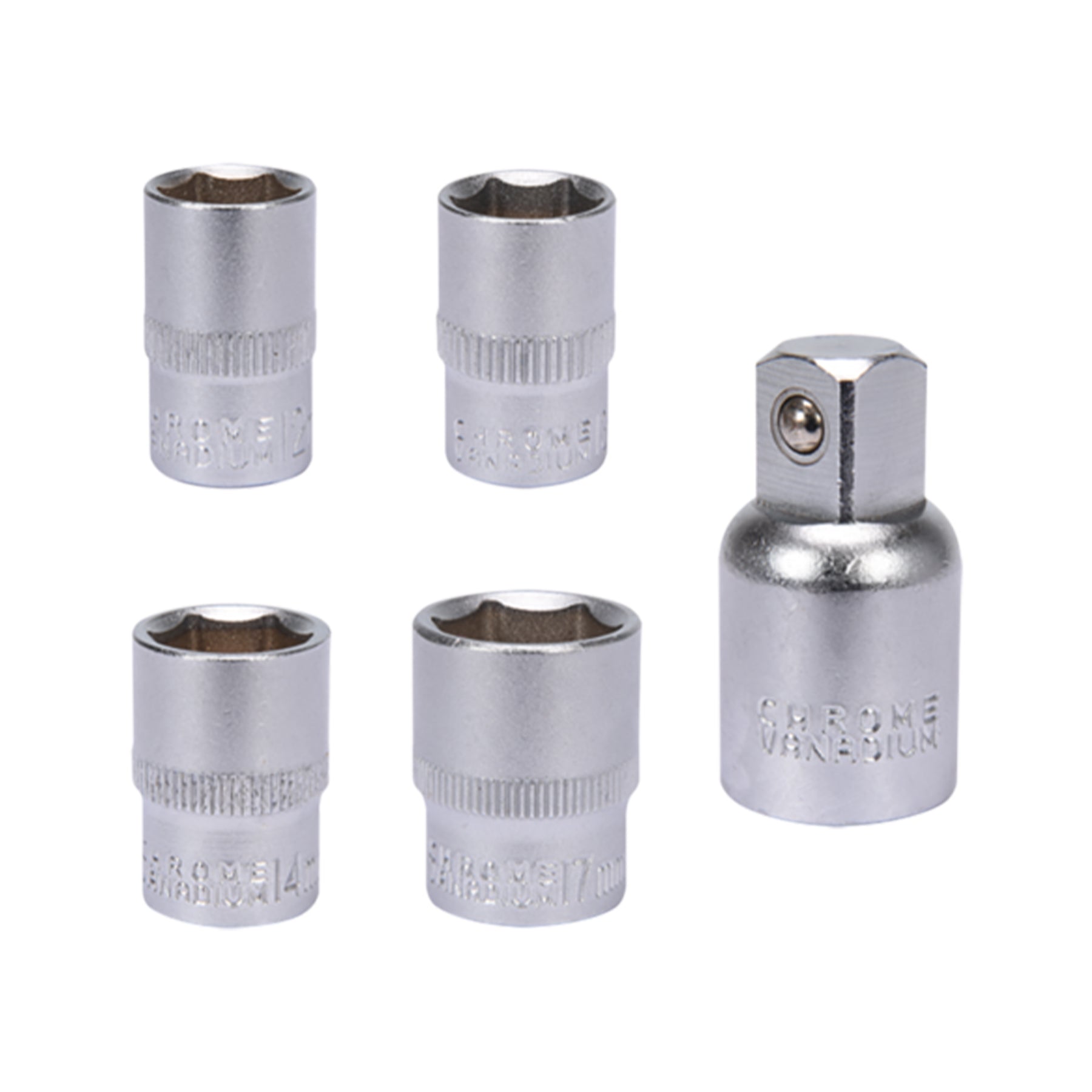 Set of five chrome sockets on a white background