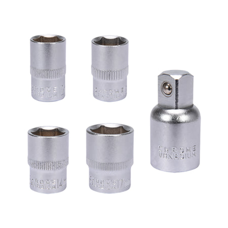 Set of five chrome sockets on a white background
