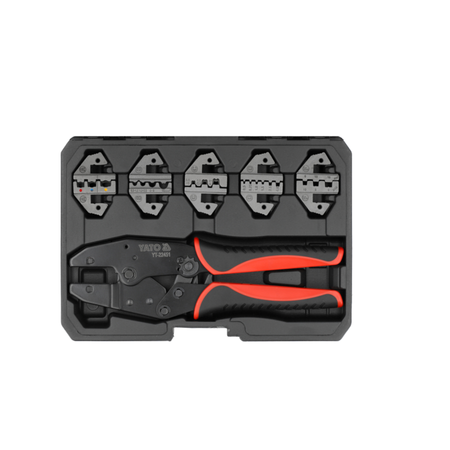 Set of pliers and crimping tools in a black case on a white background
