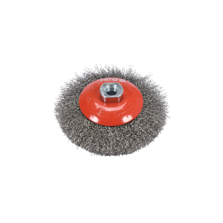 Wire brush wheel with red backing plate on a white background