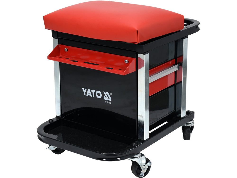 Black tool cart with red cushioned seat and YATO branding on a white background