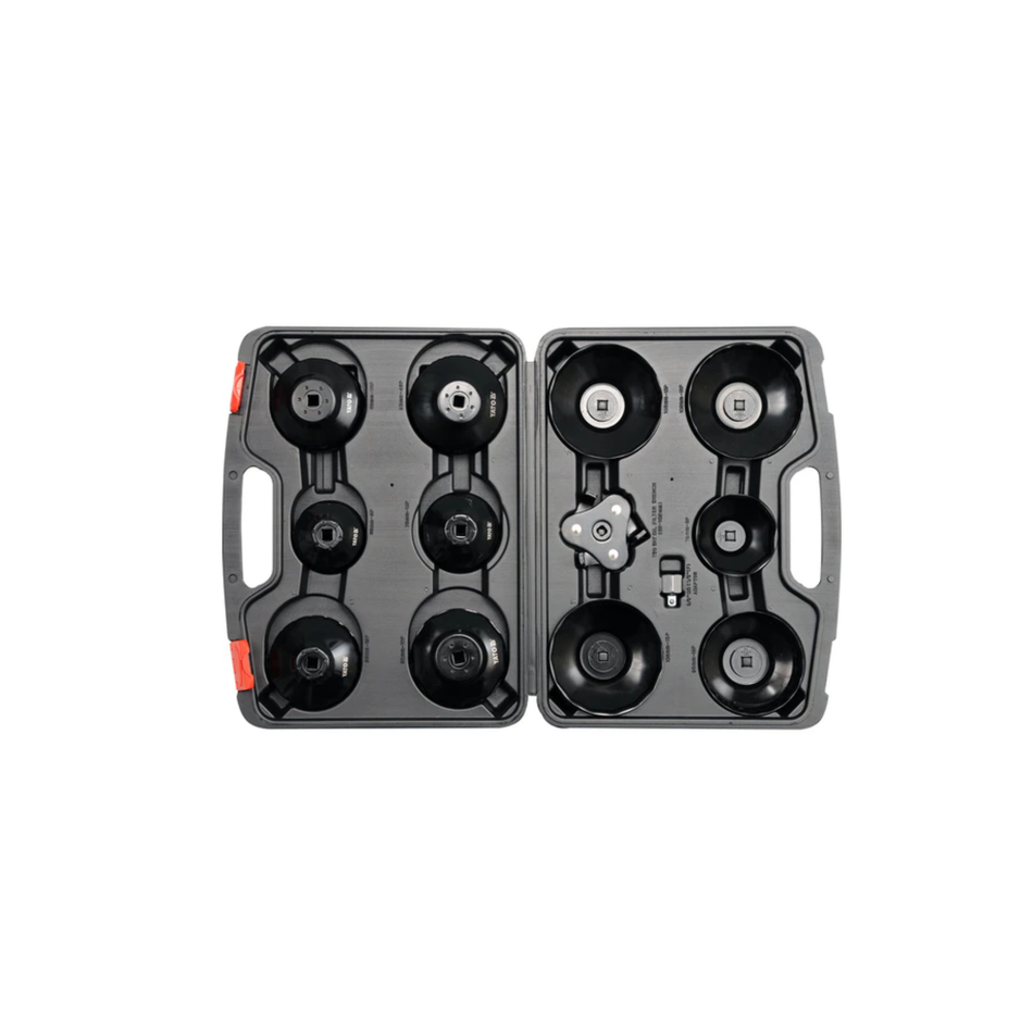 Set of black circular components in a gray carrying case on a white background