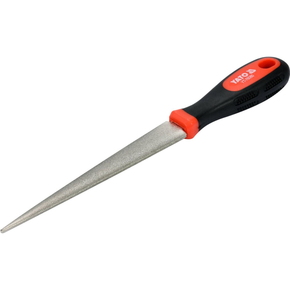 Diamond file with black and orange handle on a white background