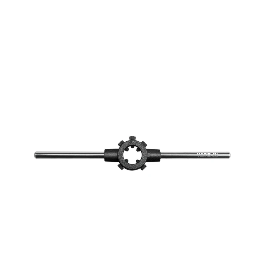 YATO Die Handle made from high-strength steel with adjustable locking screws for holding round threading dies during external thread cutting.