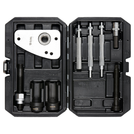 Tool kit with various components in an open black case on a white background