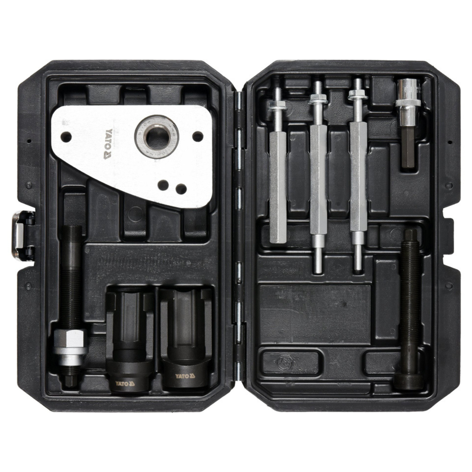 Tool kit with various components in an open black case on a white background