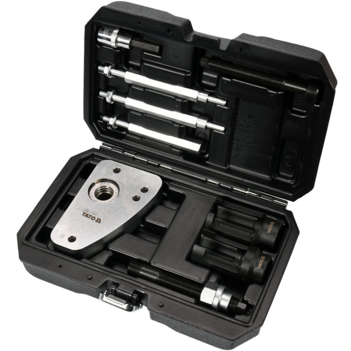 Tool kit with various tools inside an open black case on a white background