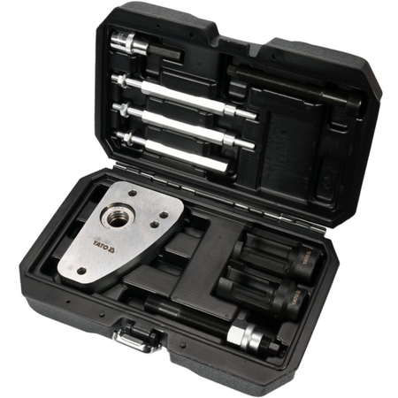 Tool kit with various tools inside an open black case on a white background