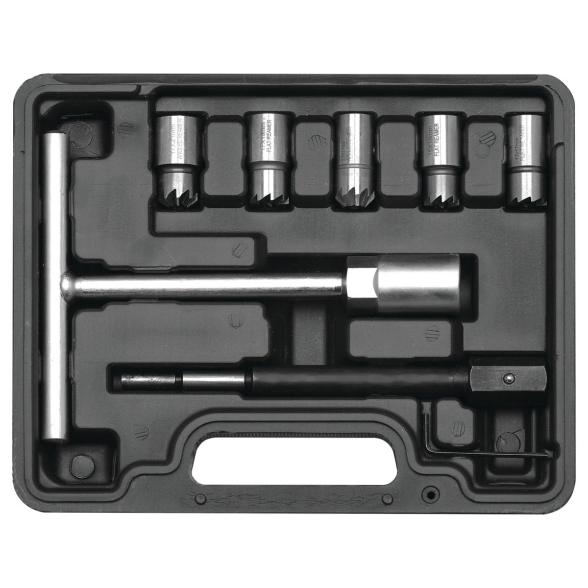 Set of socket tools in a black plastic case on a white background