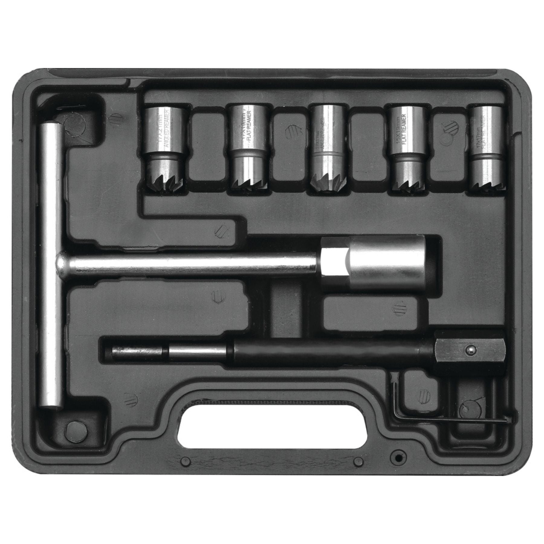 Set of socket tools in a black plastic case on a white background