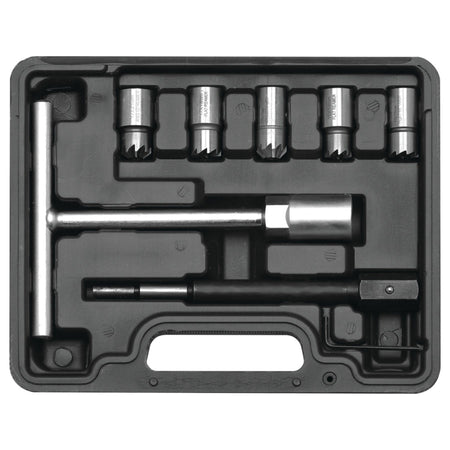 Set of socket tools in a black plastic case on a white background