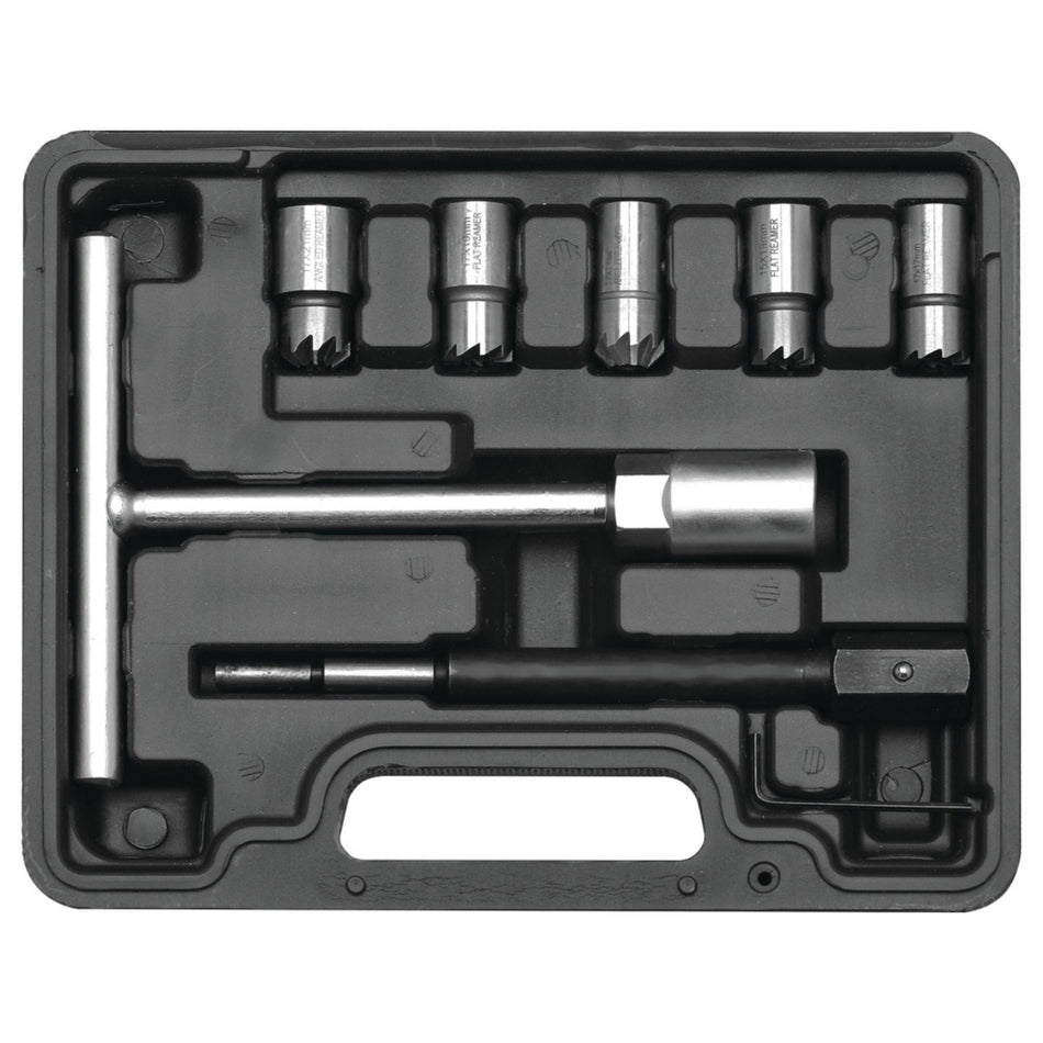 Set of socket tools in a black plastic case on a white background