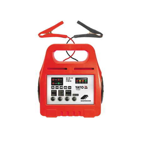 A red YATO portable battery charger with a digital display and control buttons on the front, featuring attached red and black jumper cables on top, set against a plain white background.