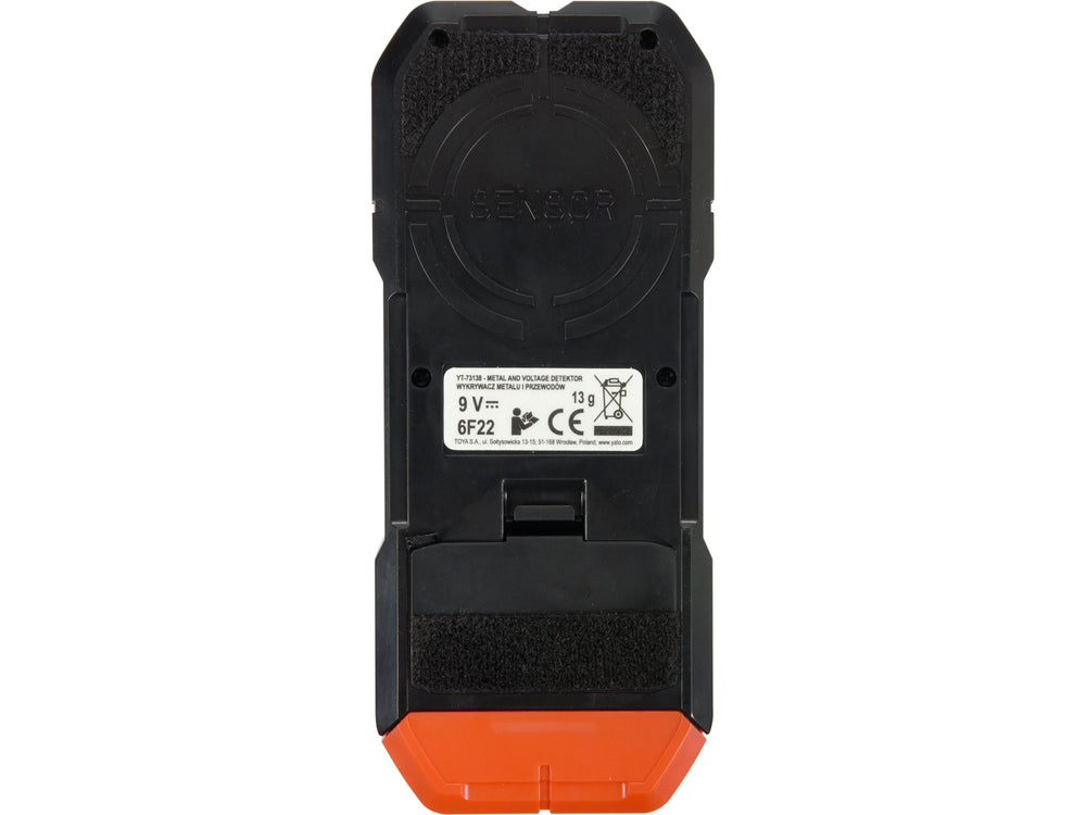 Back view of a black and orange device with branding on a white background