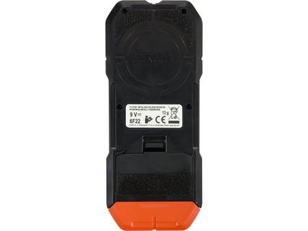 Back view of a black and orange device with branding on a white background