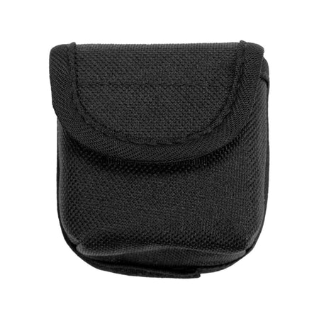 Black pouch with a mesh design on a white background