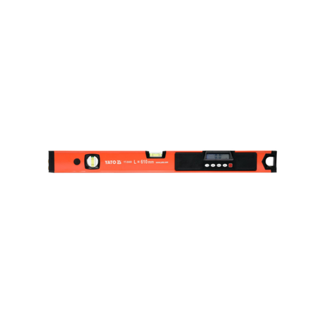Digital level with red and black design on a white background