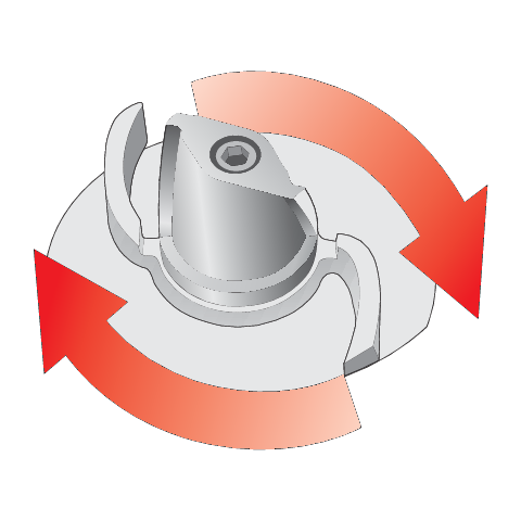 Illustration of a central hub with two red arrows indicating rotation on a white background