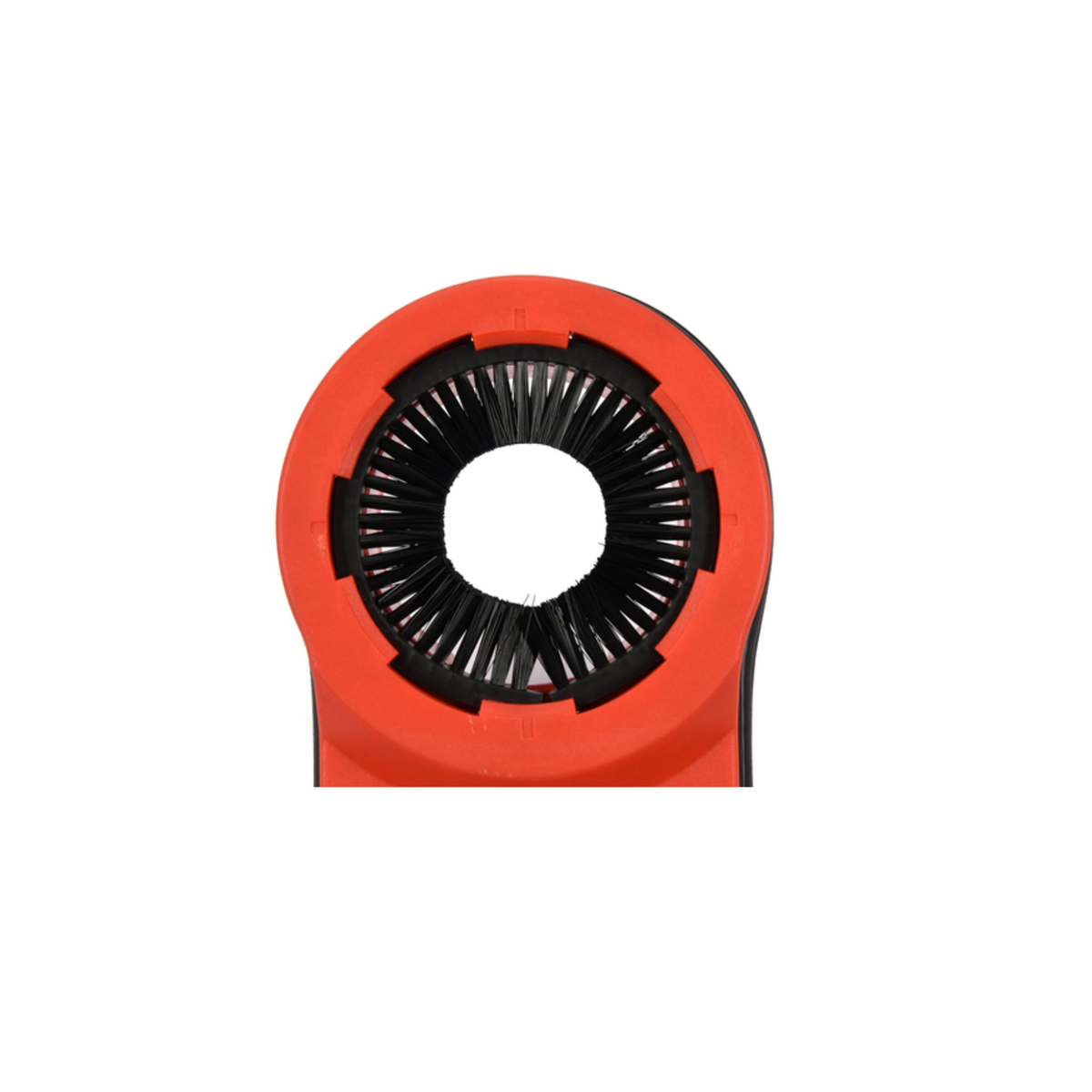 Red and black circular object on a white background