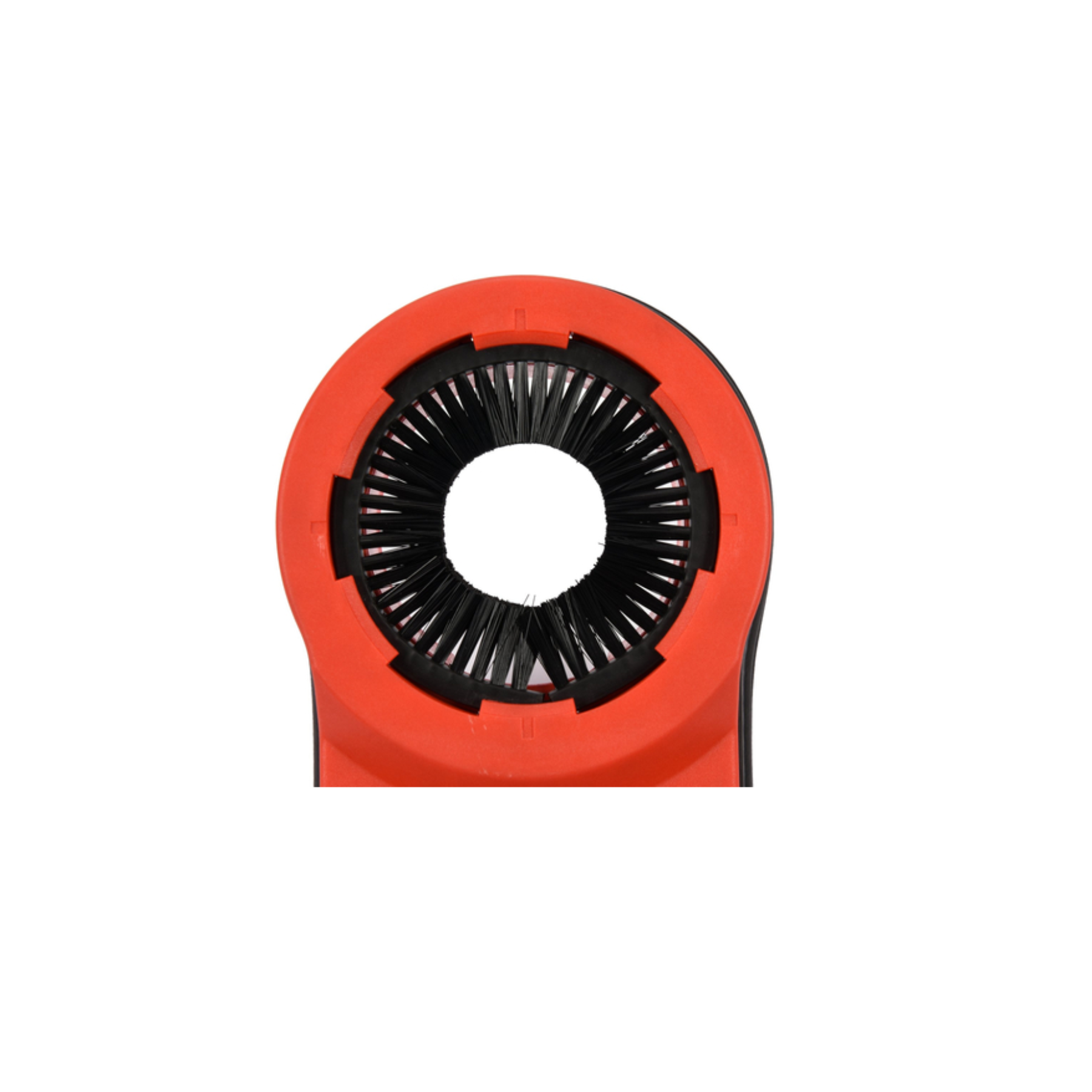 Red and black circular object on a white background