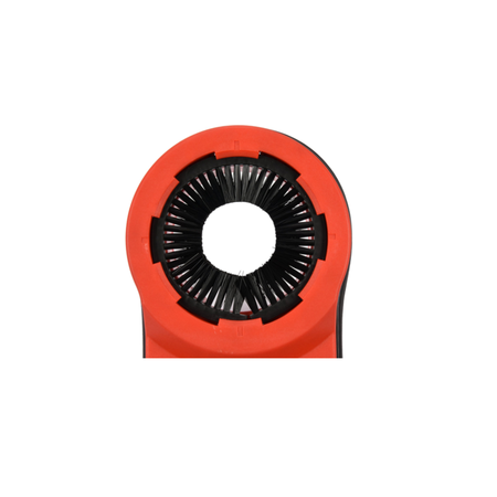 Red and black circular object on a white background