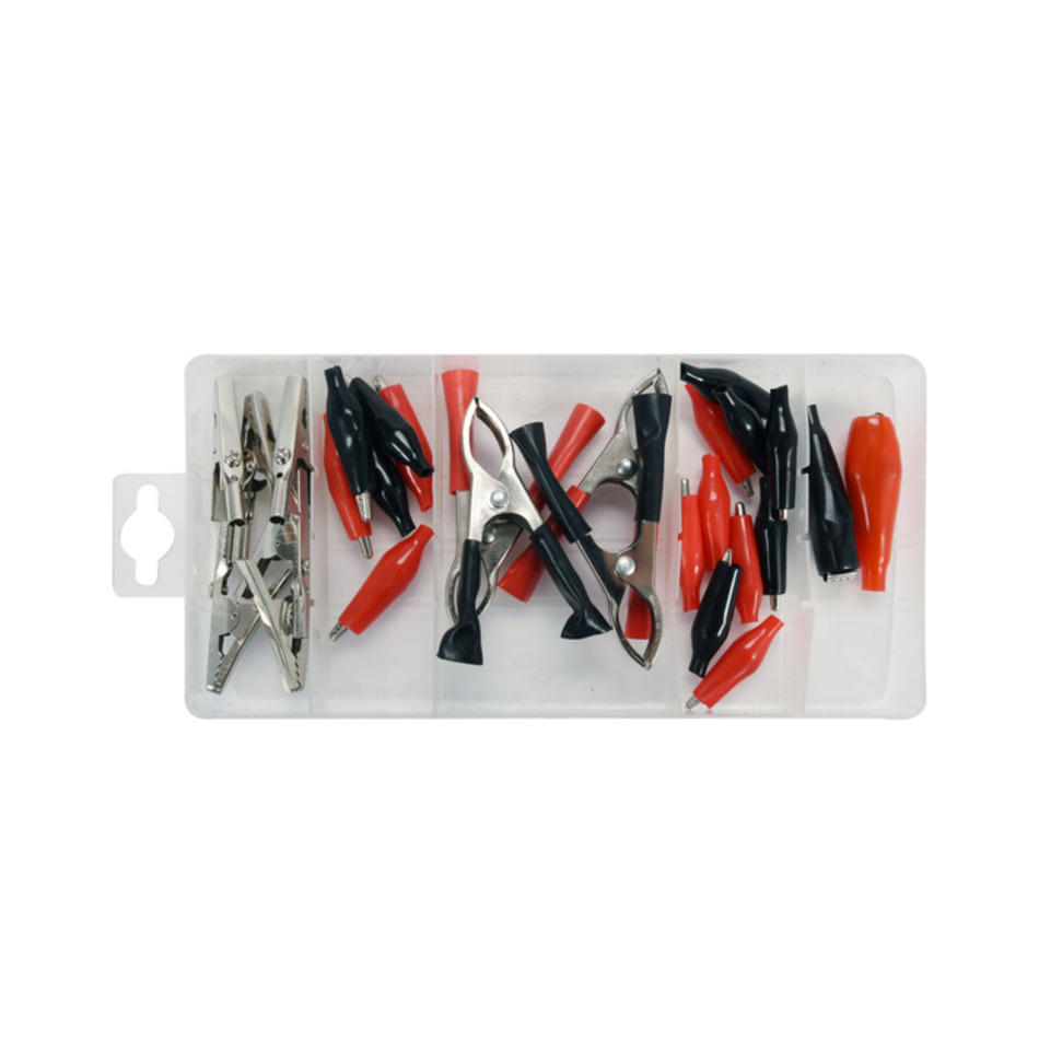 A clear plastic compartment organizer holding assorted red and black alligator-style battery clamps and metal clips on a white background.