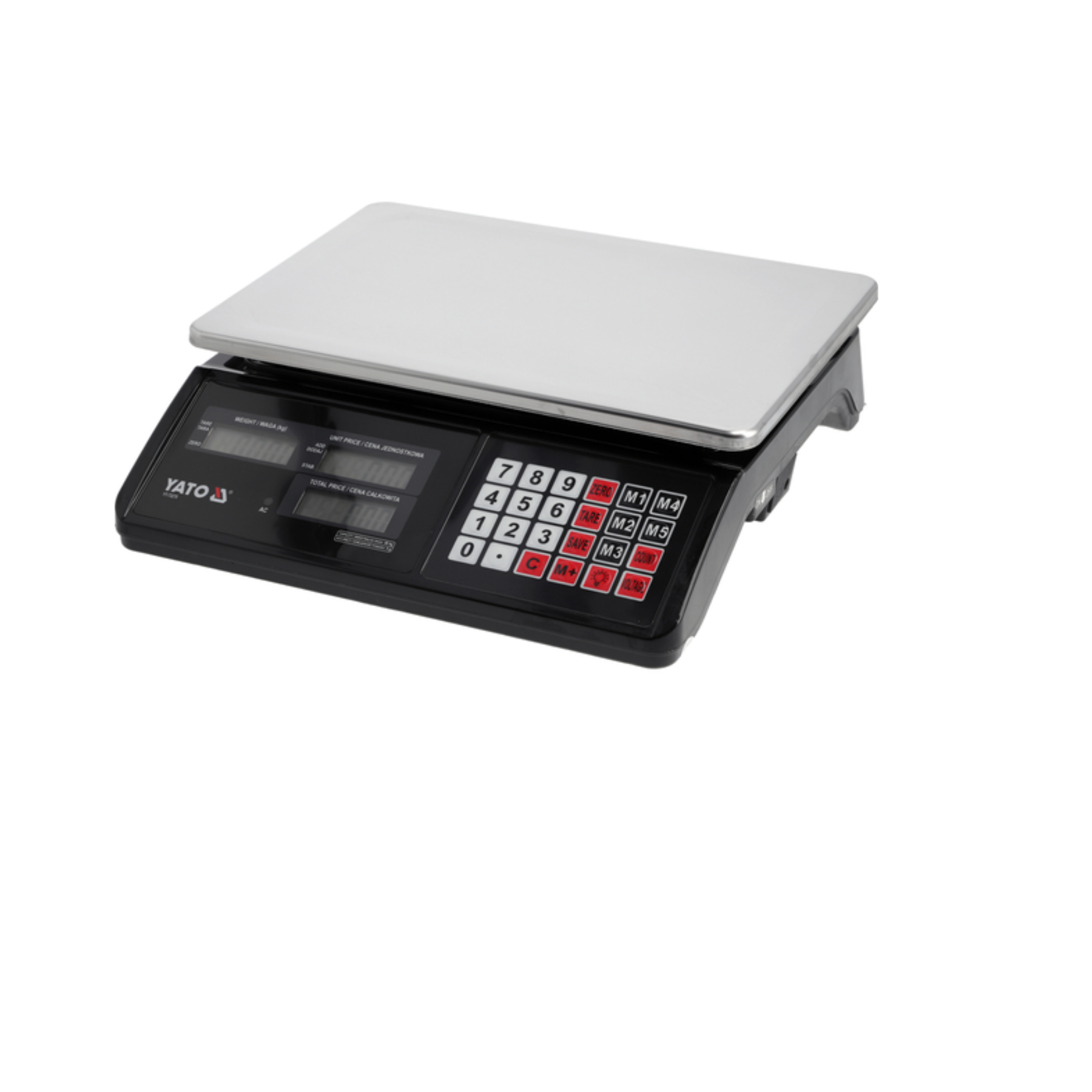 Digital scale with a white platform on a white background