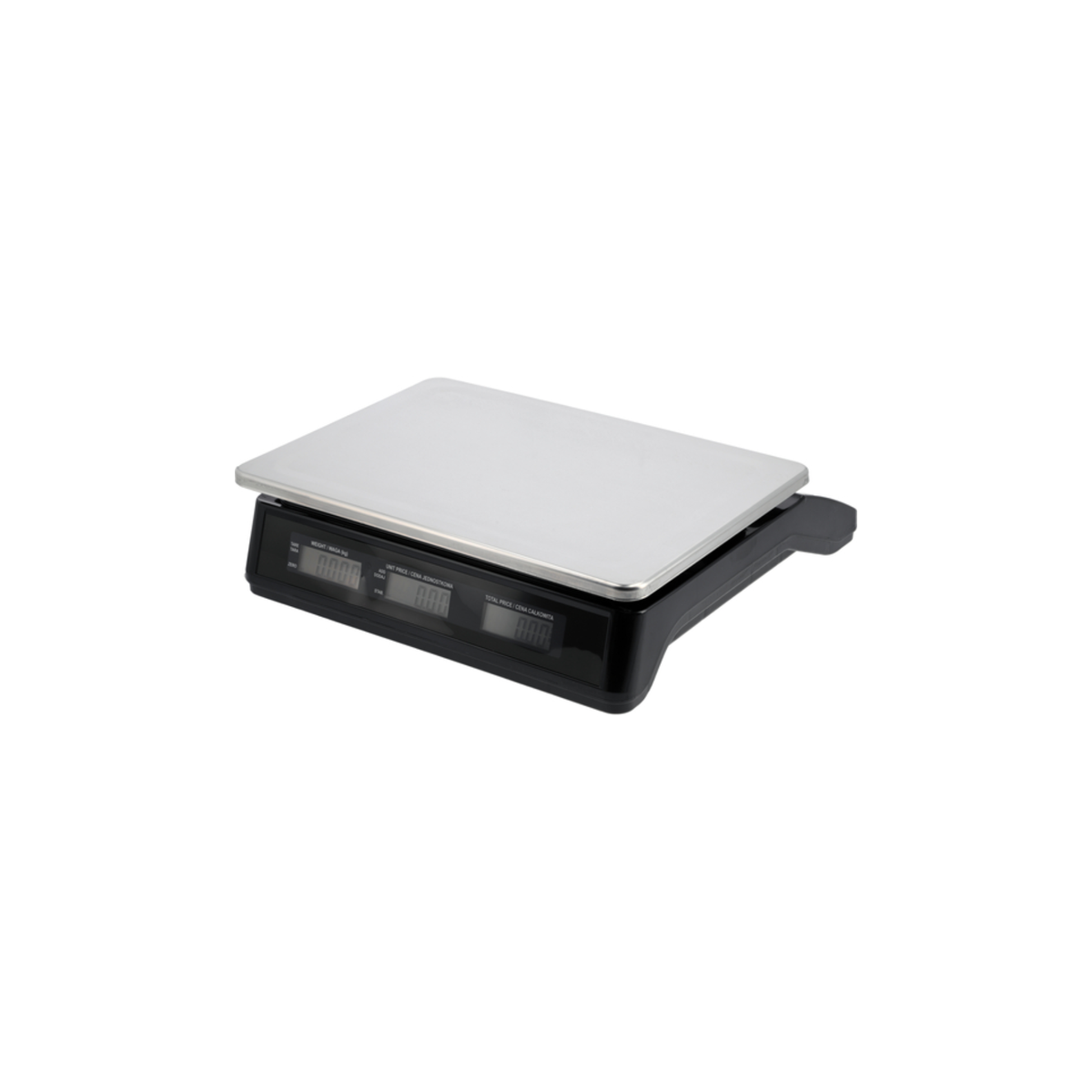 Digital scale with a white platform on a white background