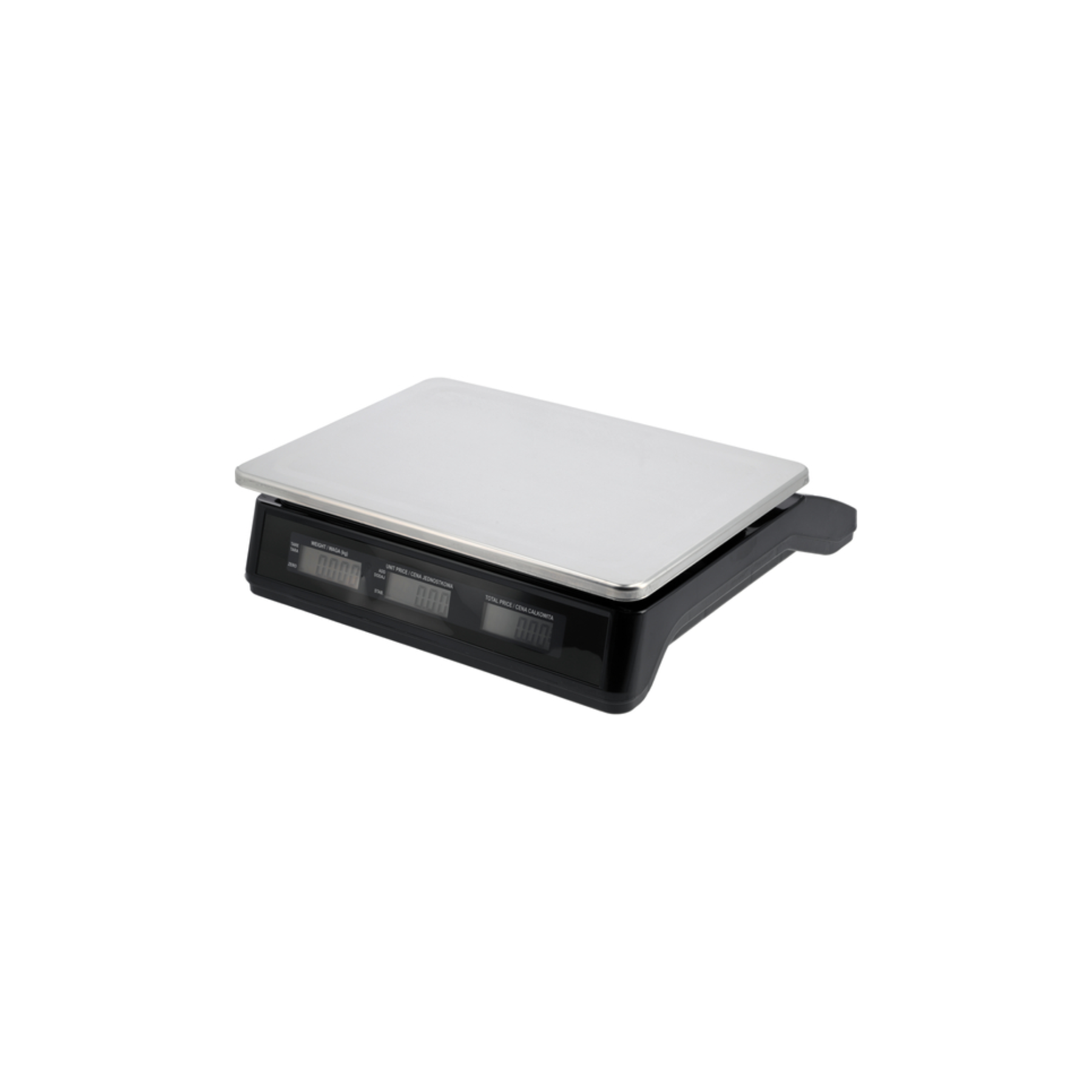 Digital scale with a white platform on a white background