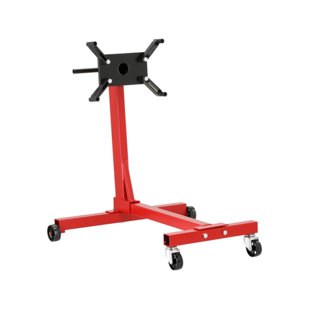 Red engine stand with black wheels on a white background