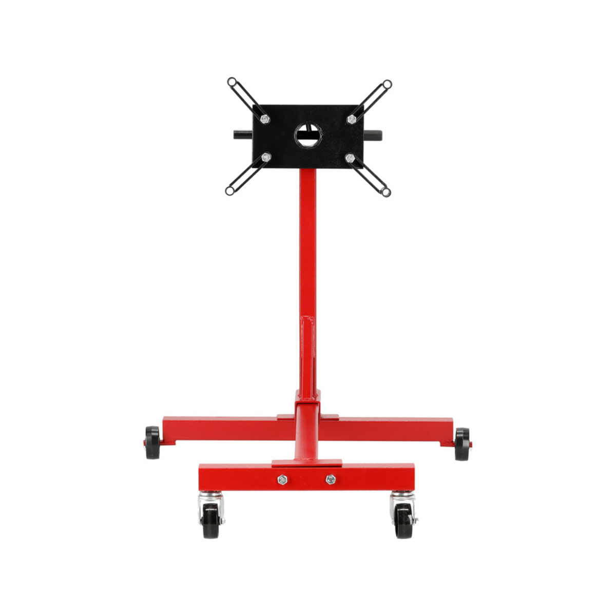 Red mechanical stand with black top section on a white background