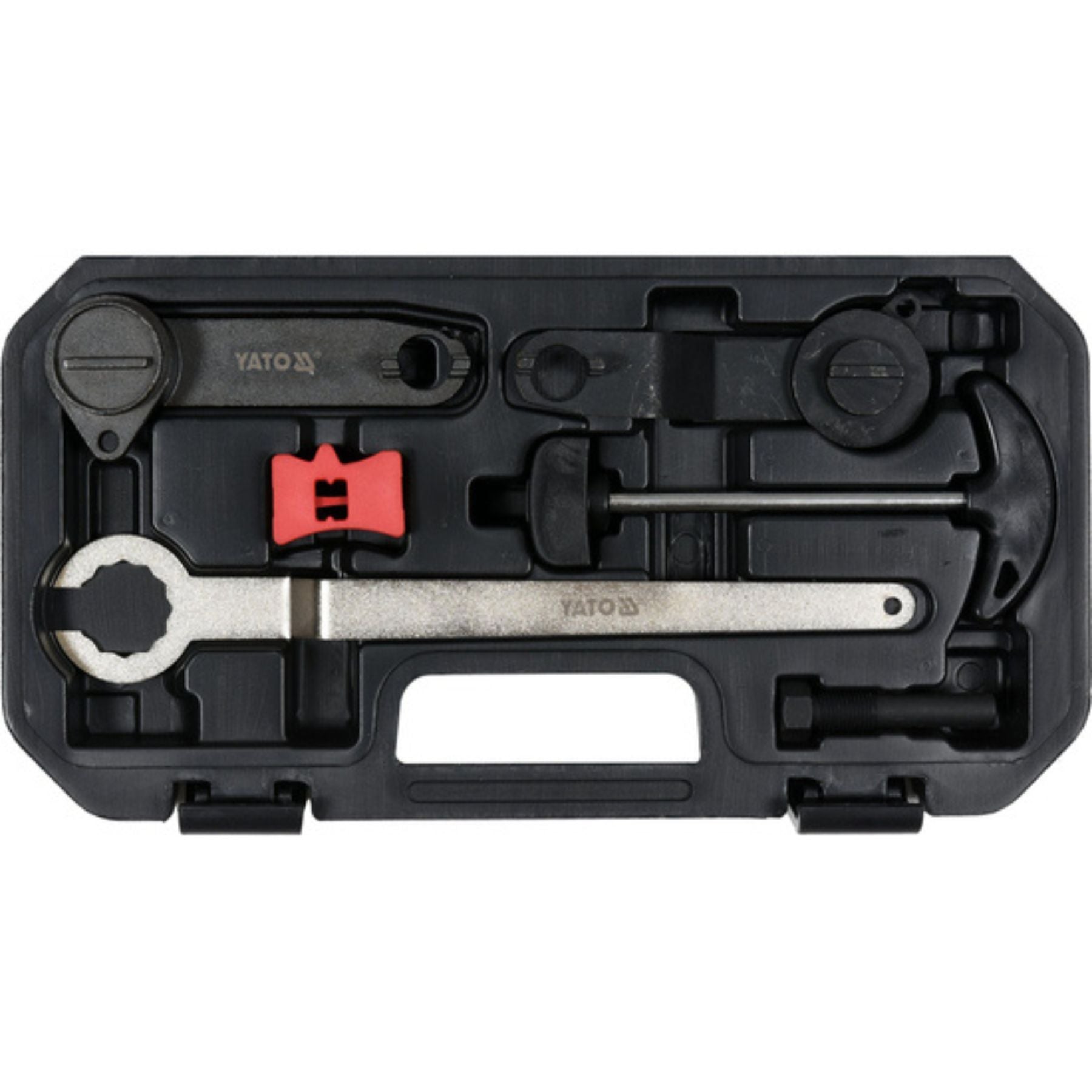 Set of tools in a black plastic case on a white background