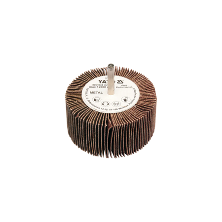 Flap disc with metal finish on a white background