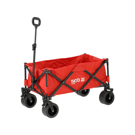 Red folding wagon with black frame and wheels on a white background