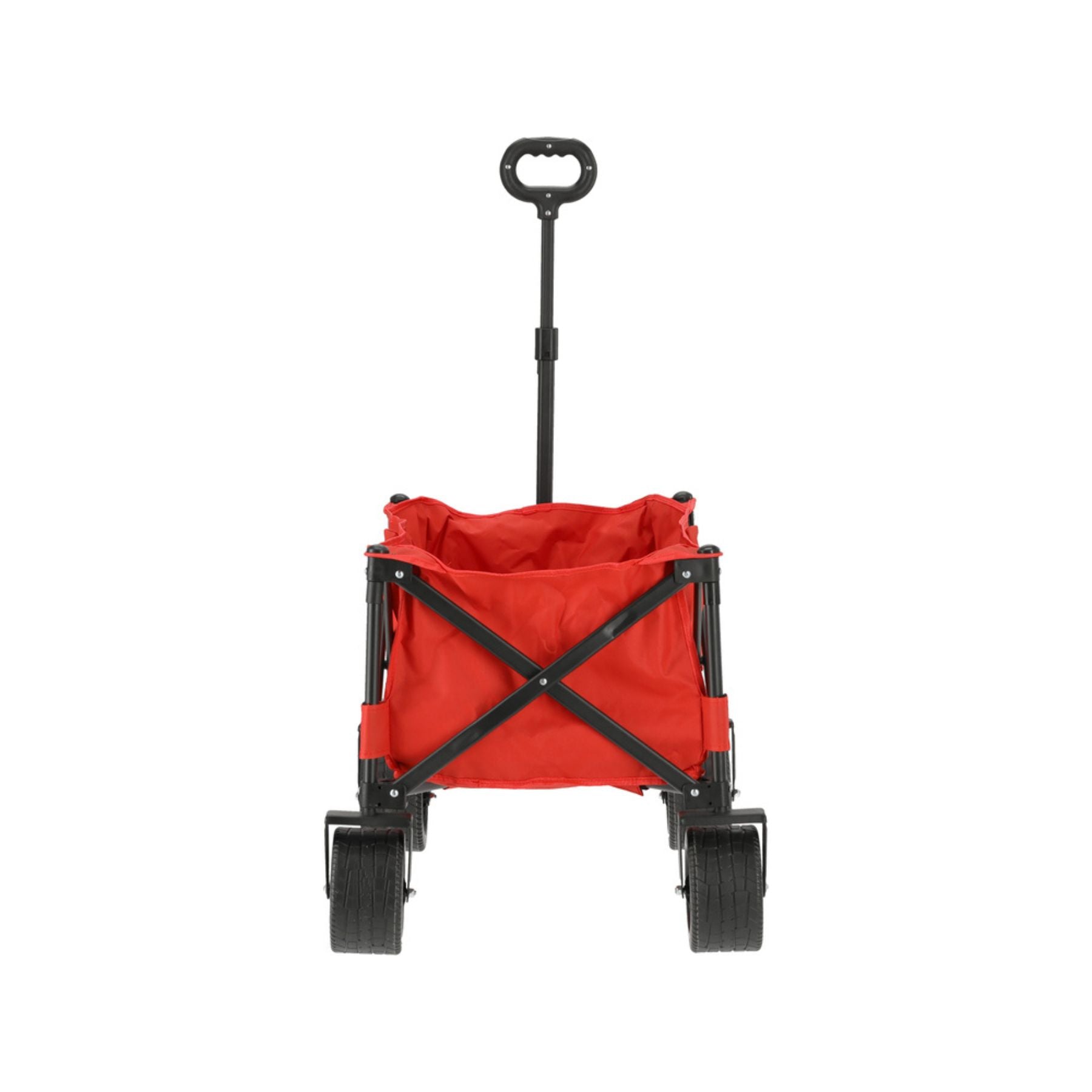 Red folding wagon with black frame and wheels on a white background
