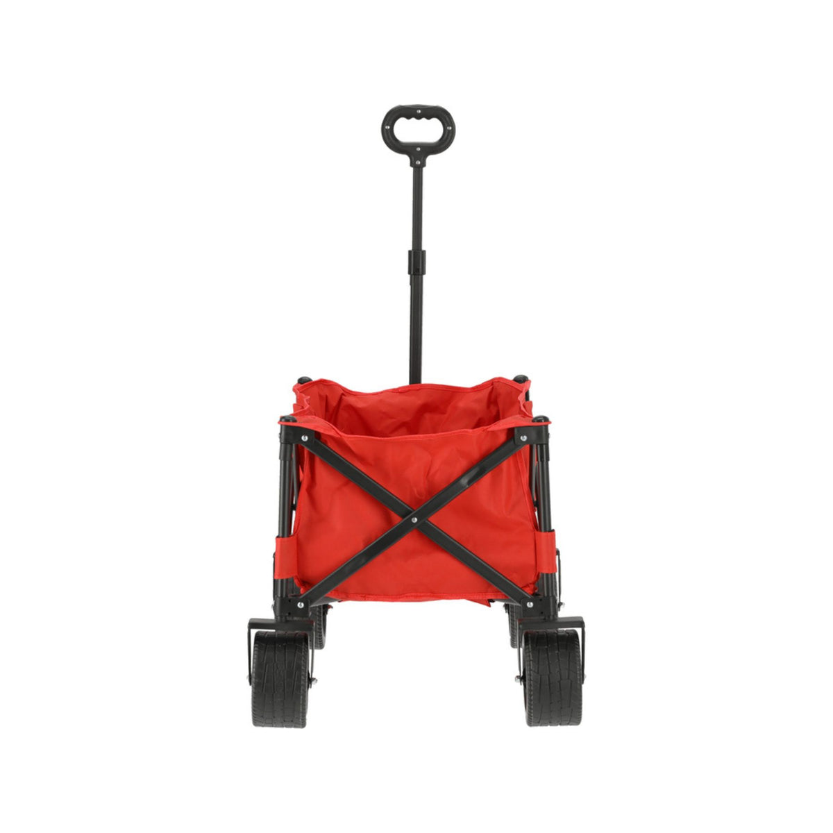 Red folding wagon with black frame and wheels on a white background