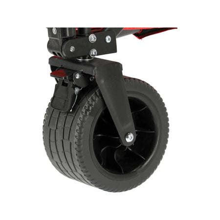 Close-up of a scooter wheel with black tire and red accents on a white background