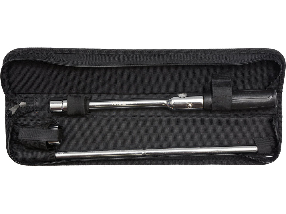 Black carrying case with a metal tool inside on a white background