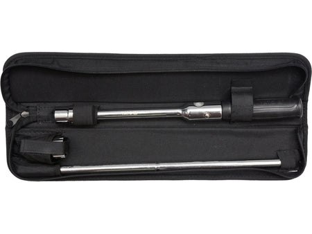 Black carrying case with a metal tool inside on a white background