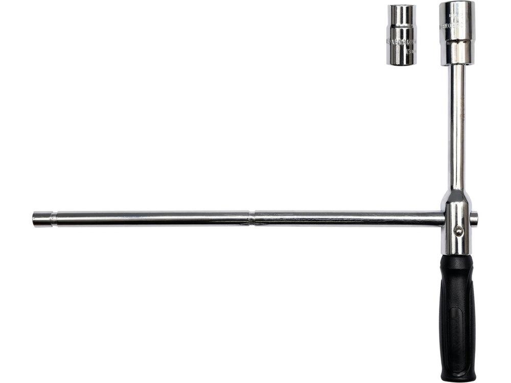 Chrome tool with black handle on a white background