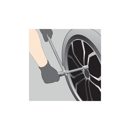 Person changing a tire with tools on a white background