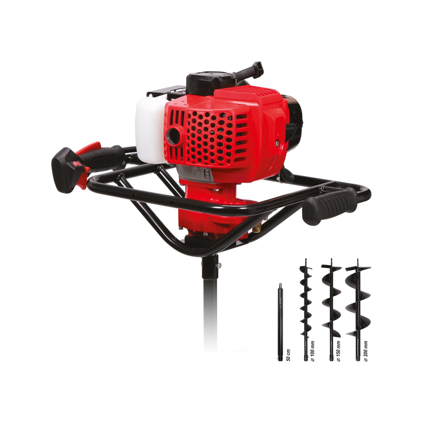 Red and black gasoline-powered drill with drill bits on a white background